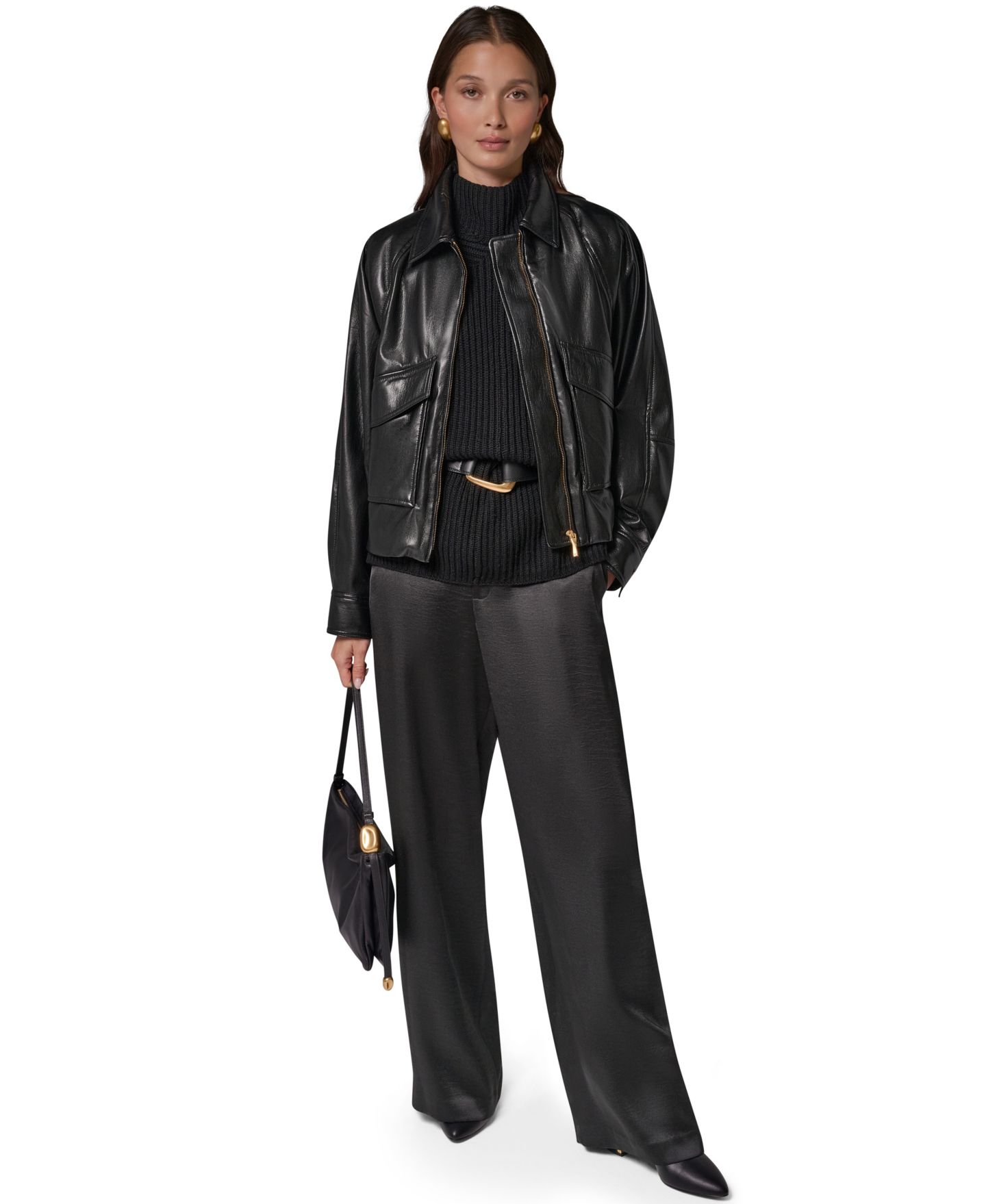 Женская короткая куртка Donna Karan New York из экокожи с воротником, для невысоких, цвет: Чёрный — фото 6