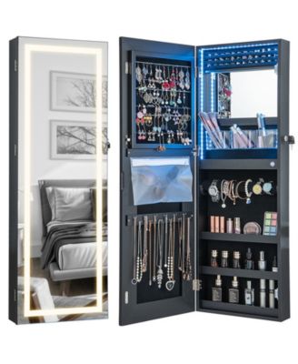 42.5 Inches Lockable Jewelry Mirror Wall Cabinet with 3 Color LED