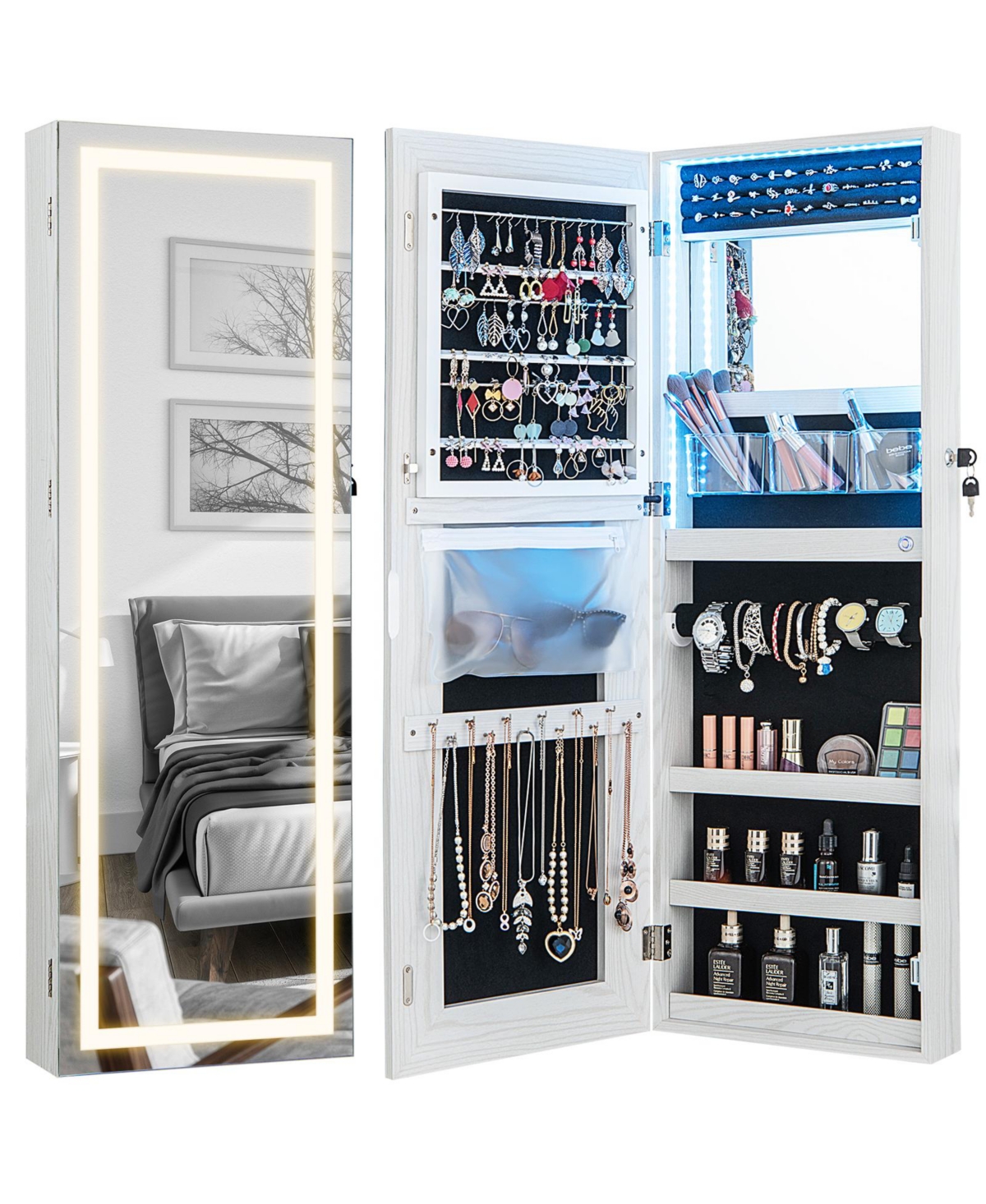 Mecale 42.5 Inches Lockable Jewelry Mirror Wall Cabinet with 3 Color Led - White