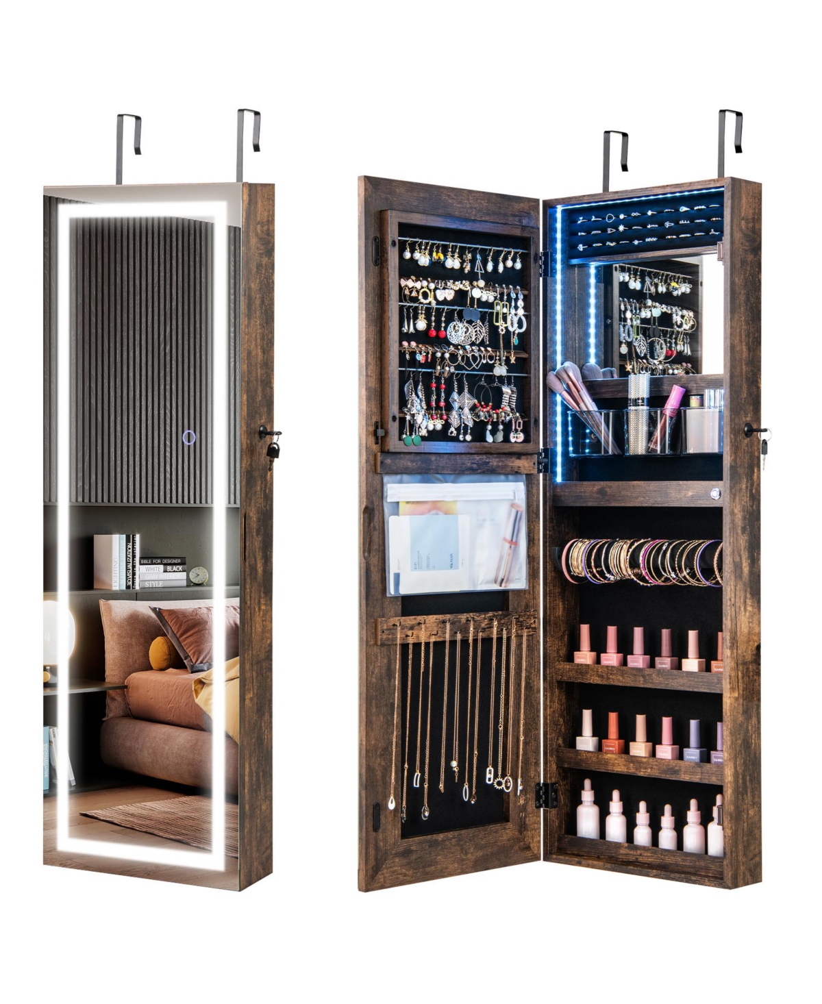 Mecale 42.5 Inches Lockable Jewelry Mirror Wall Cabinet with 3 Color Led - Rustic brown