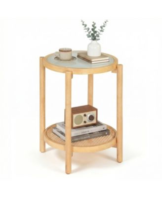 Round Side Table 2 Tier Boho End Table with Tempered Glass Top