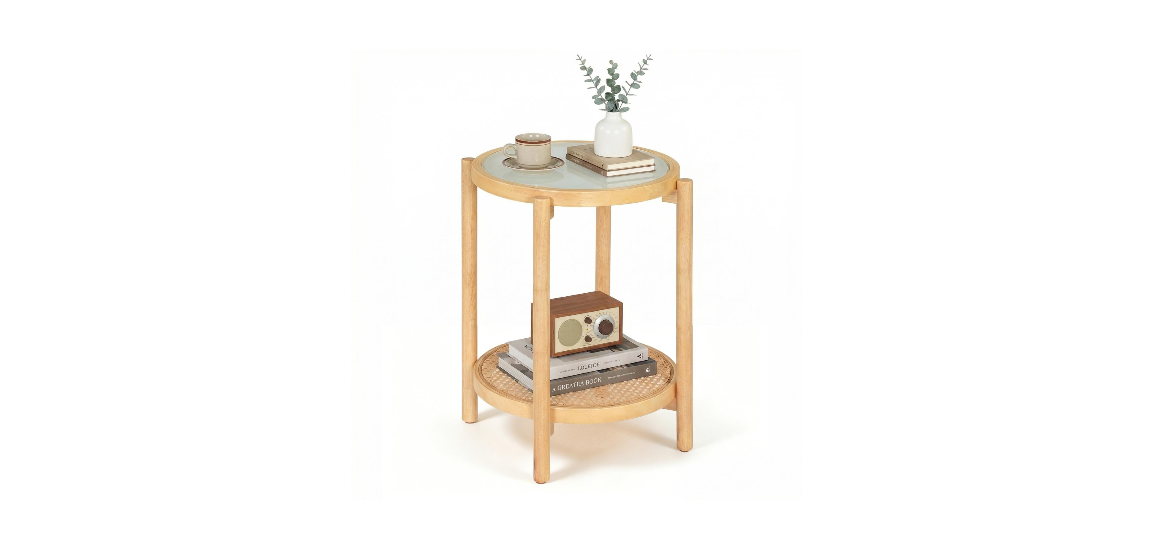 Mecale Round Side Table 2 Tier Boho End with Tempered Glass Top