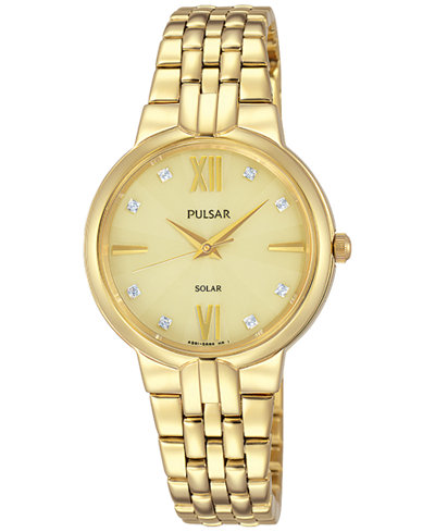 Pulsar Women's Solar Dress Gold-Tone Stainless Steel Bracelet Watch 29mm PY5026