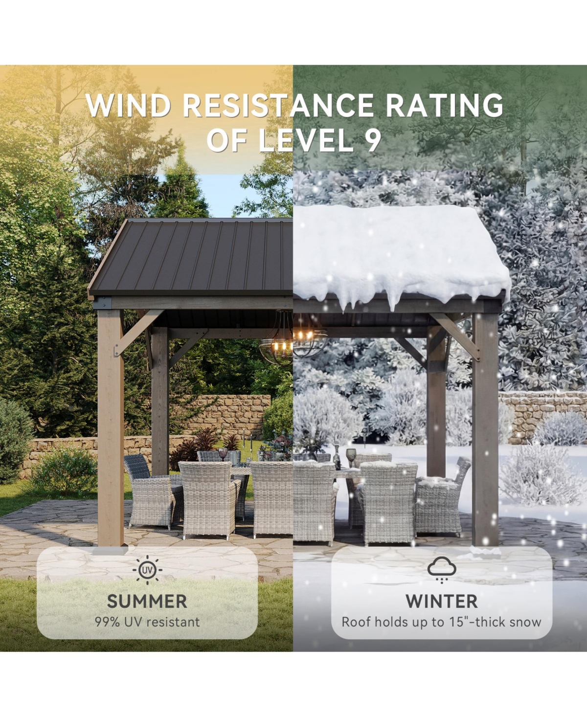 Cedar Wood Hardtop Gazebo, Wooden Pavilion with Galvanized Steel Gable Roof for Deck Garden Patio