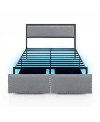 Full Queen Twin Size Bed Frame with LED Lights Drawer and Metal Slats Full Size