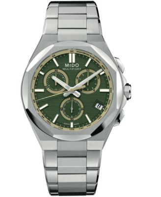 Men's Swiss Quartz Chronograph One Crown Green Dial Silver Stainless Steel Watch 42mm