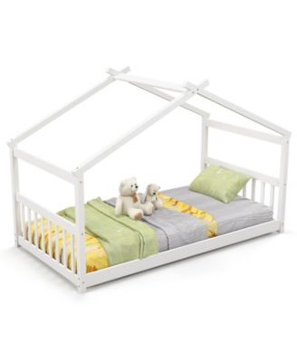 Twin Size Wooden House Bed with Roof