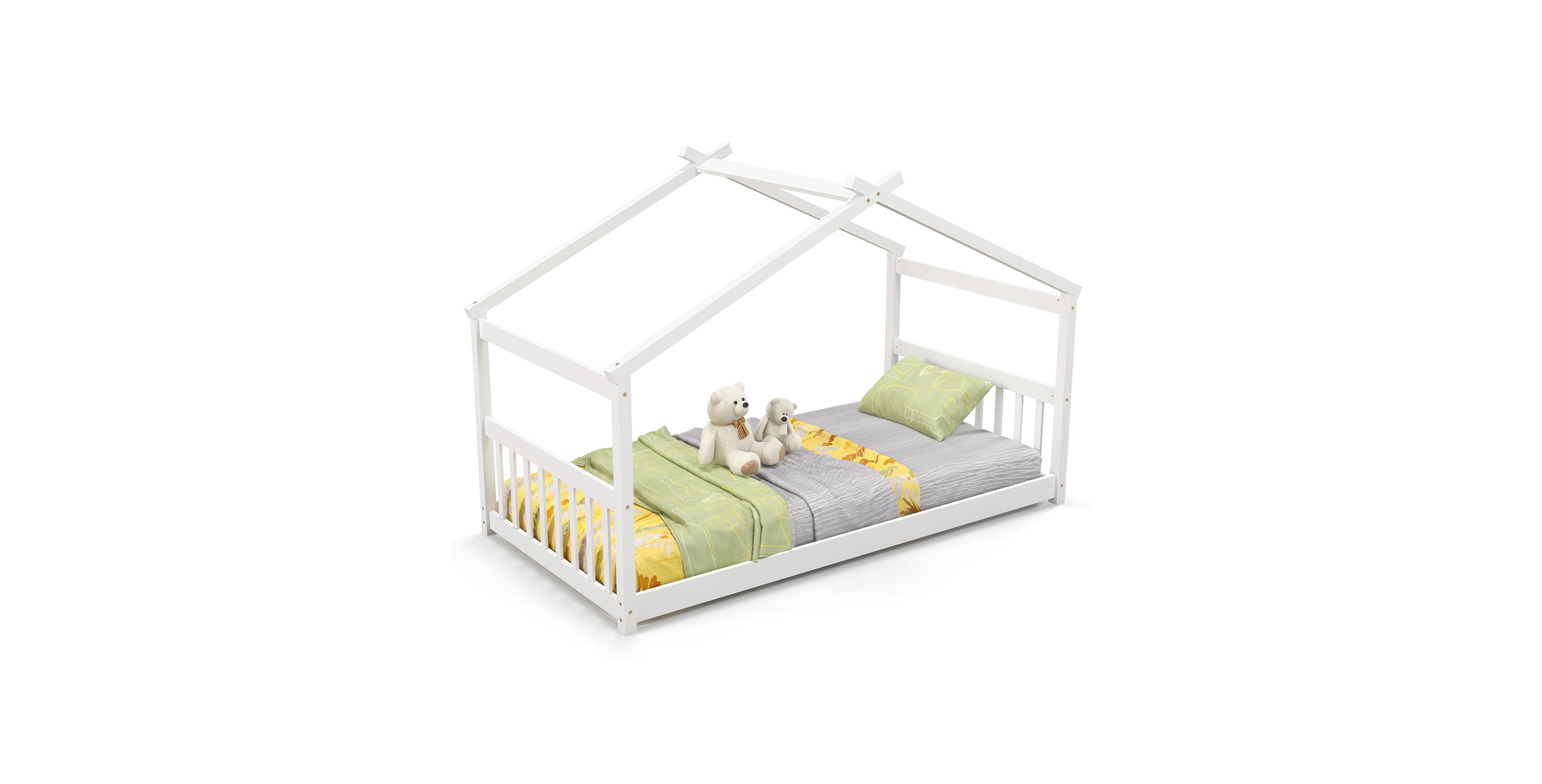 Mecale Twin Size Wooden House Bed with Roof