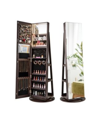 360degree(s) Rotating Mirrored Jewelry Cabinet Armoire 3 Color LED Modes Lockable Espresso