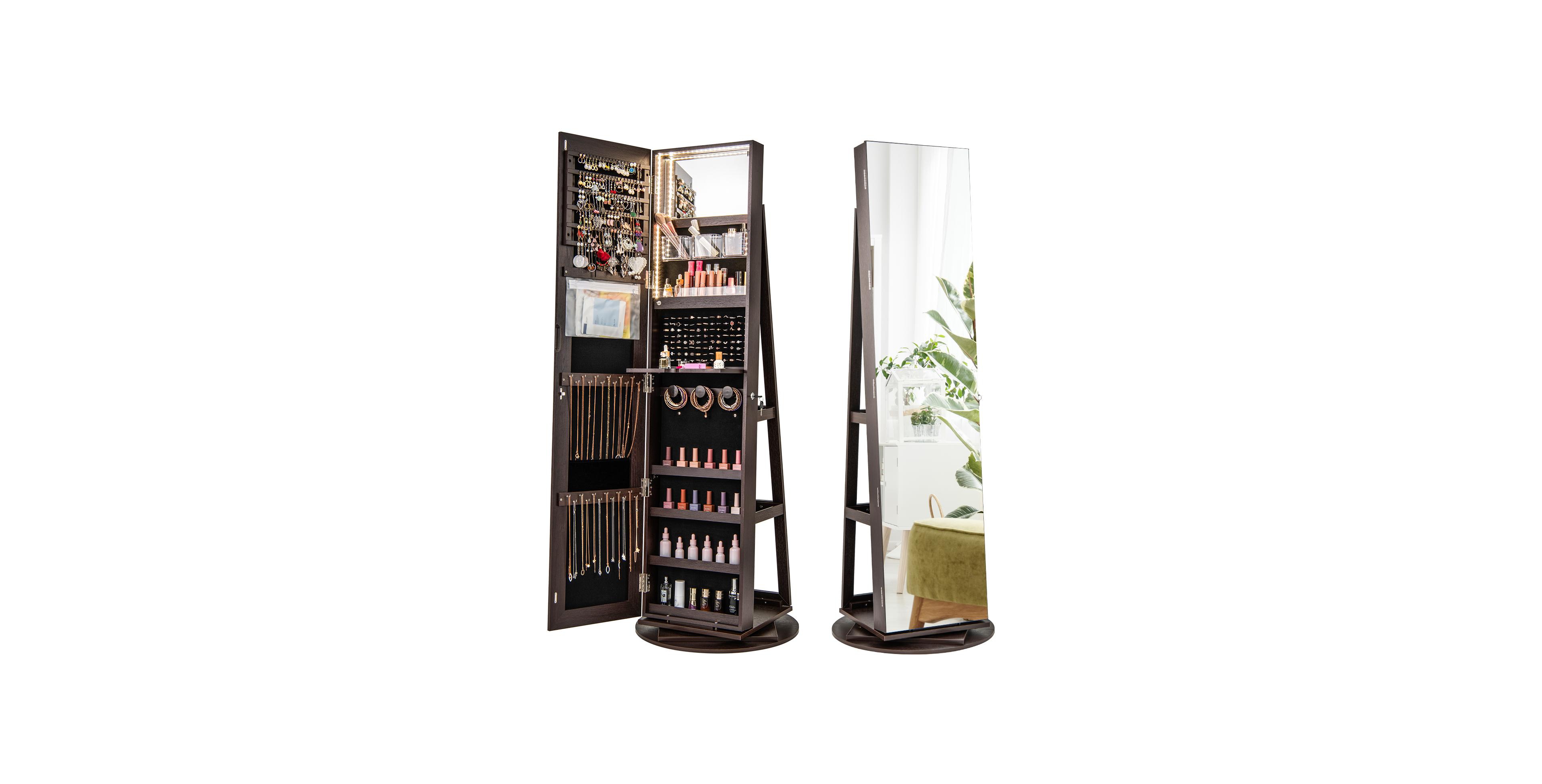 Mecale 360degree(s) Rotating Mirrored Jewelry Cabinet Armoire 3 Color Led Modes Lockable Espresso
