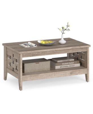 2 Tier Farmhouse Coffee Table with Open Shelf and Woven Decorations for Living Room