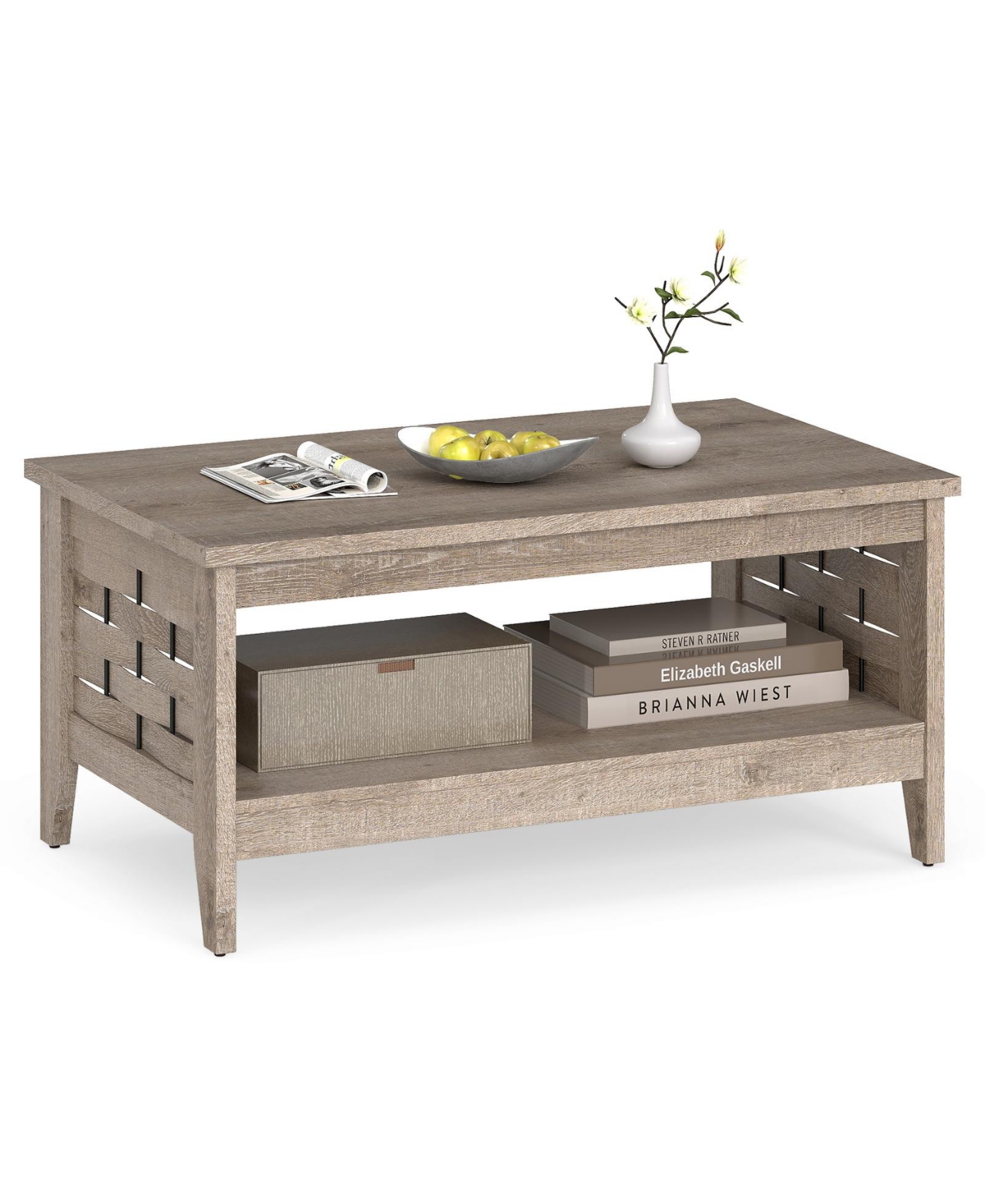 Mecale 2 Tier Farmhouse Coffee Table with Open Shelf and Woven Decorations for Living Room