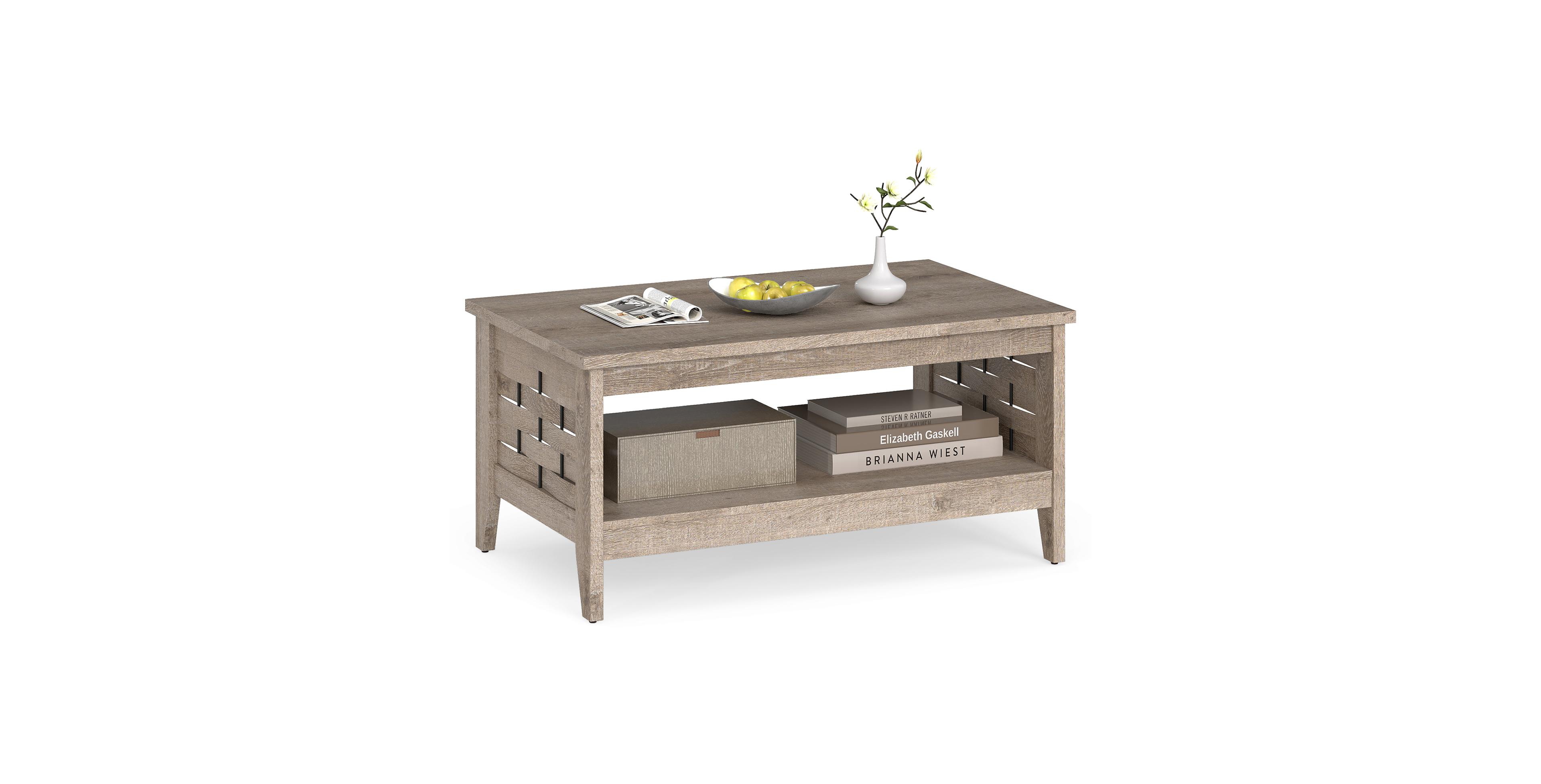 Mecale 2 Tier Farmhouse Coffee Table with Open Shelf and Woven Decorations for Living Room