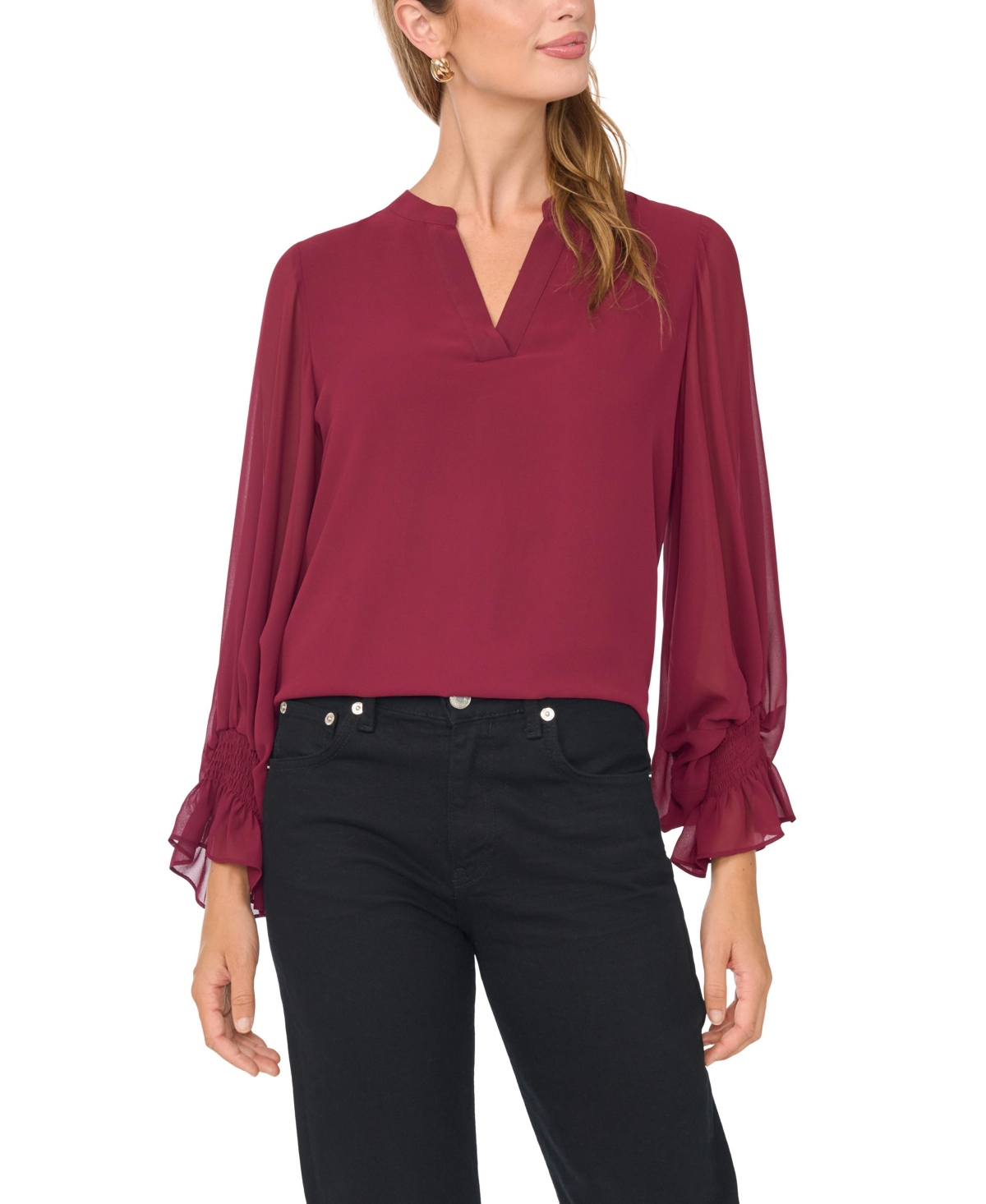 Vince Camuto Women's Split-Neck Long-Sleeve Top - Crisp Merlot