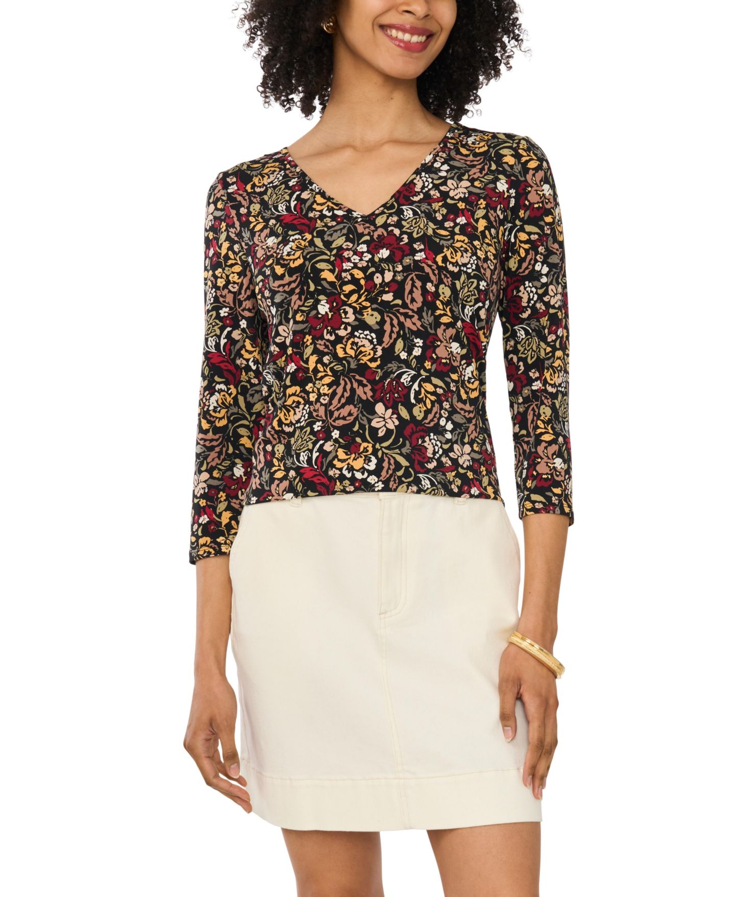 Женская футболка Vince Camuto Floral-Print V-Neck 3/4 Sleeve, цвет: Красный — фото 3