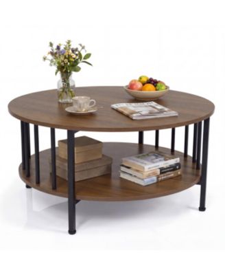 2 Tier Round Coffee Table with Storage Shelf and Metal Accents