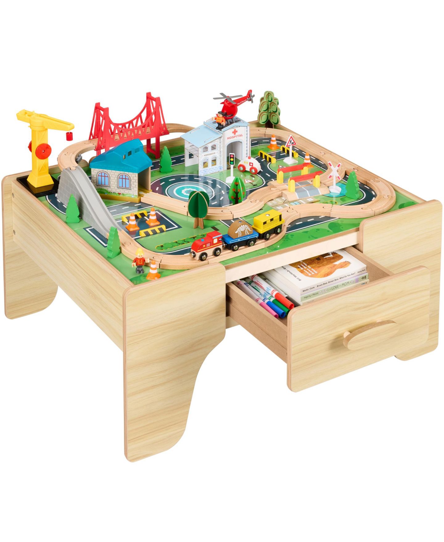 Детские конструкторы Best Choice Products Train Set Wooden Activity Table with Reversible Top and Storage Drawer, 56-Piece Set, Ages 3+, цвет: Натуральный — фото 1