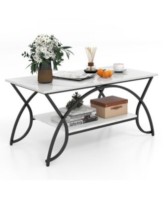 2 Tier Faux Marble Coffee Table with Marble Top and Metal Frame Oak