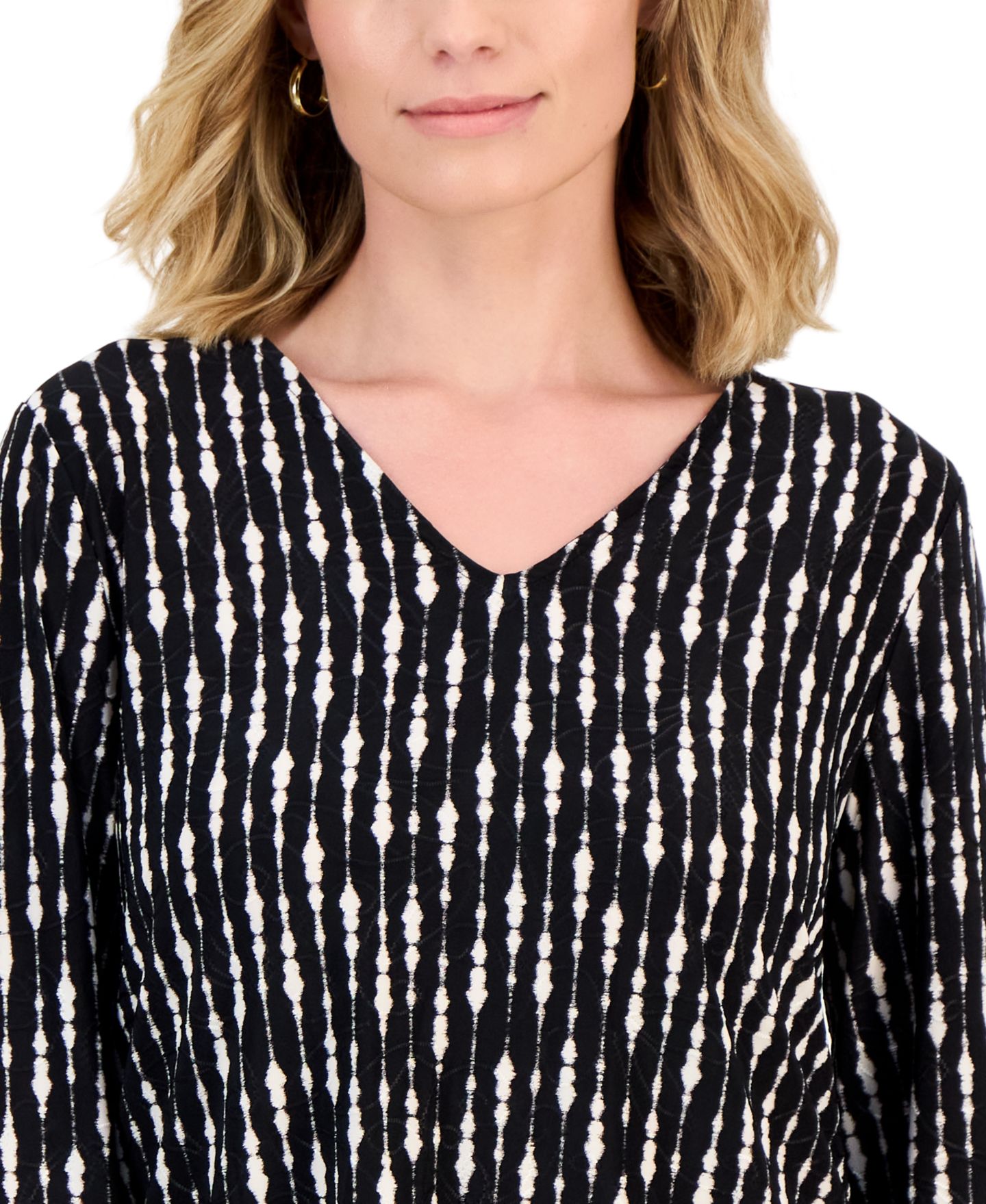 Женская футболка JM Collection Petite V-Neck 3/4-Length Flounce-Sleeve, цвет: Глубокий чёрный — фото 3