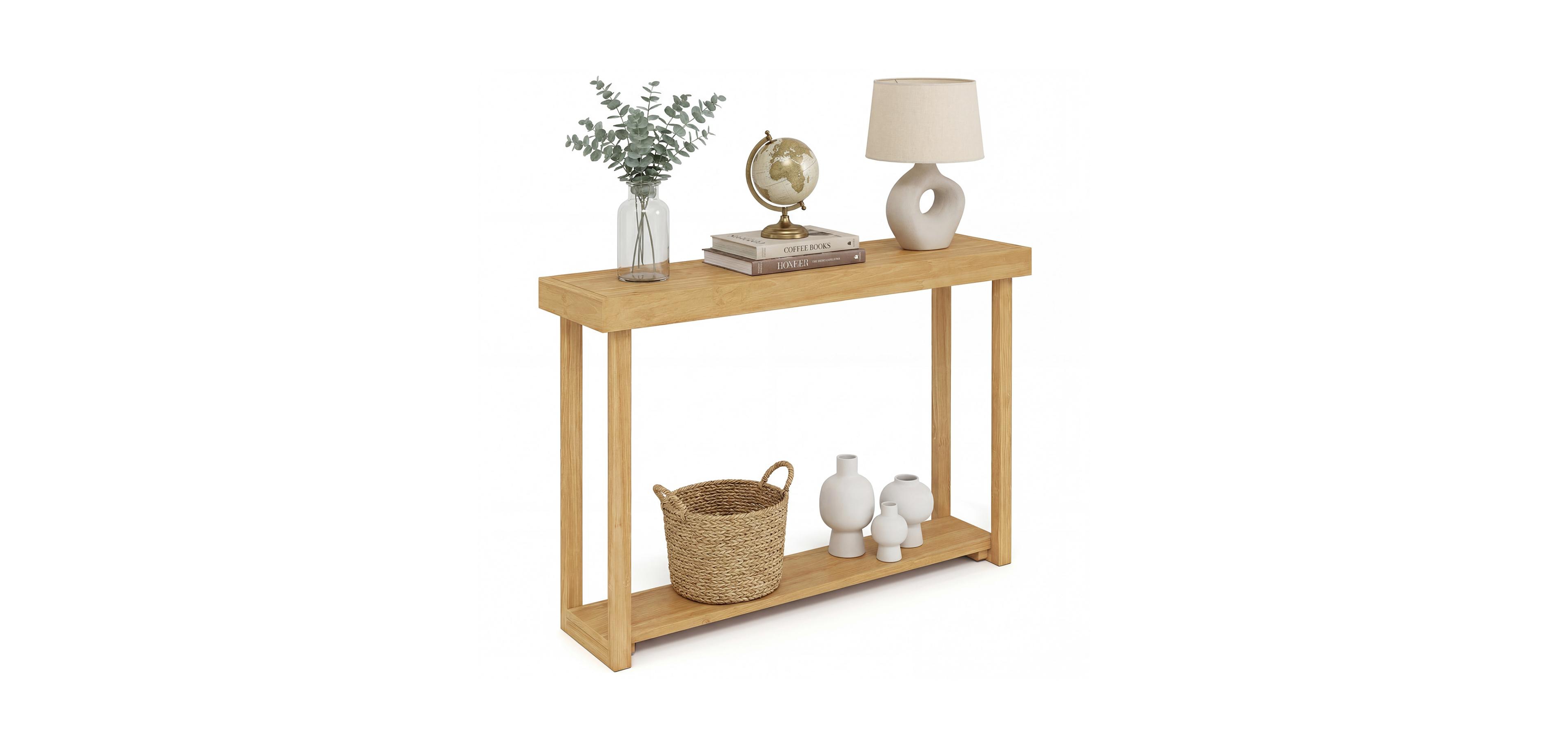 Mecale 46 Inch Solid Wood Console Table 2 Tier Narrow Farmhouse Sofa Table, Natural