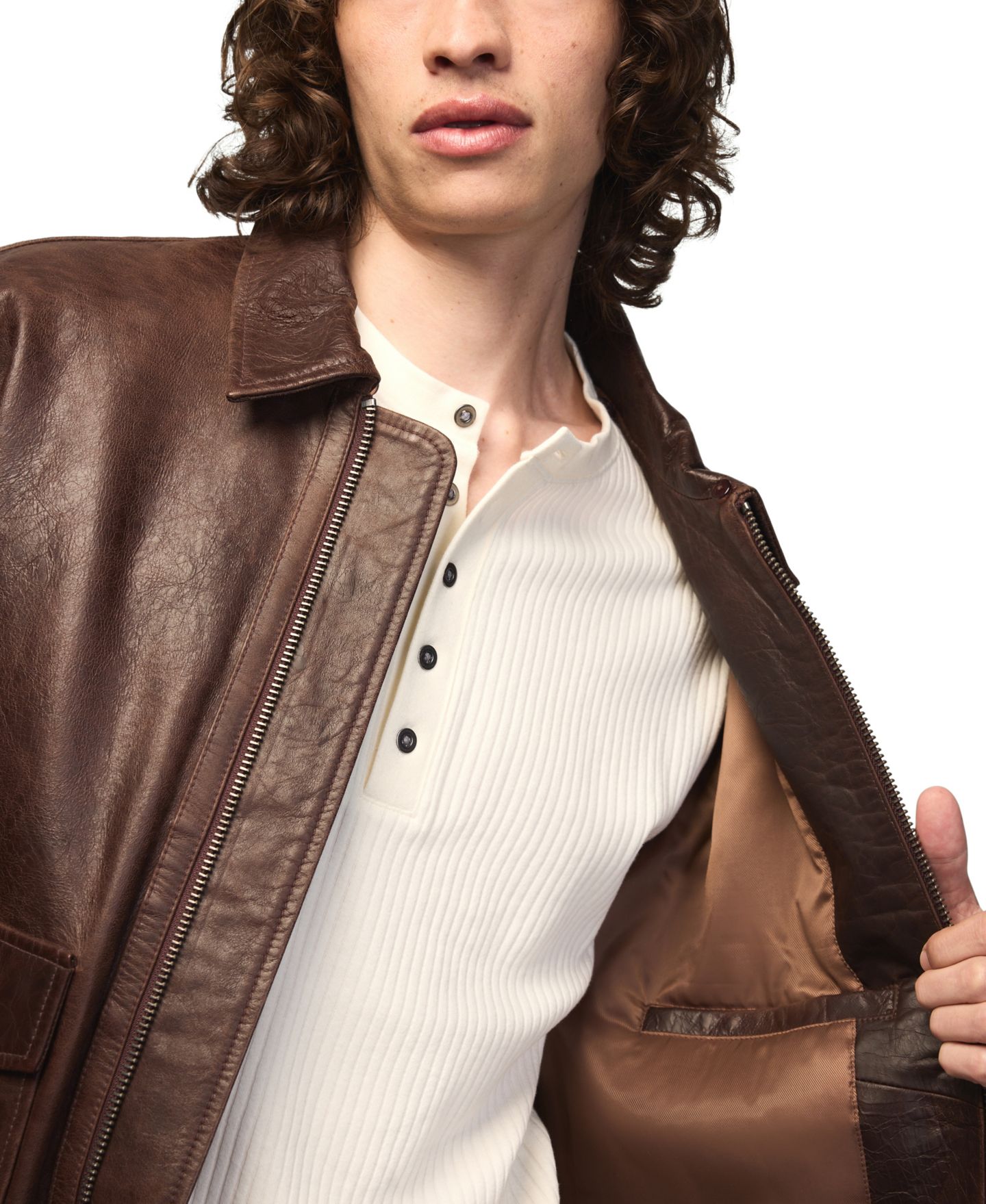 Мужская куртка Lucky Brand Aviator Faux Shearling Collar Regular-Fit Leather, цвет: Коричневый — фото 5