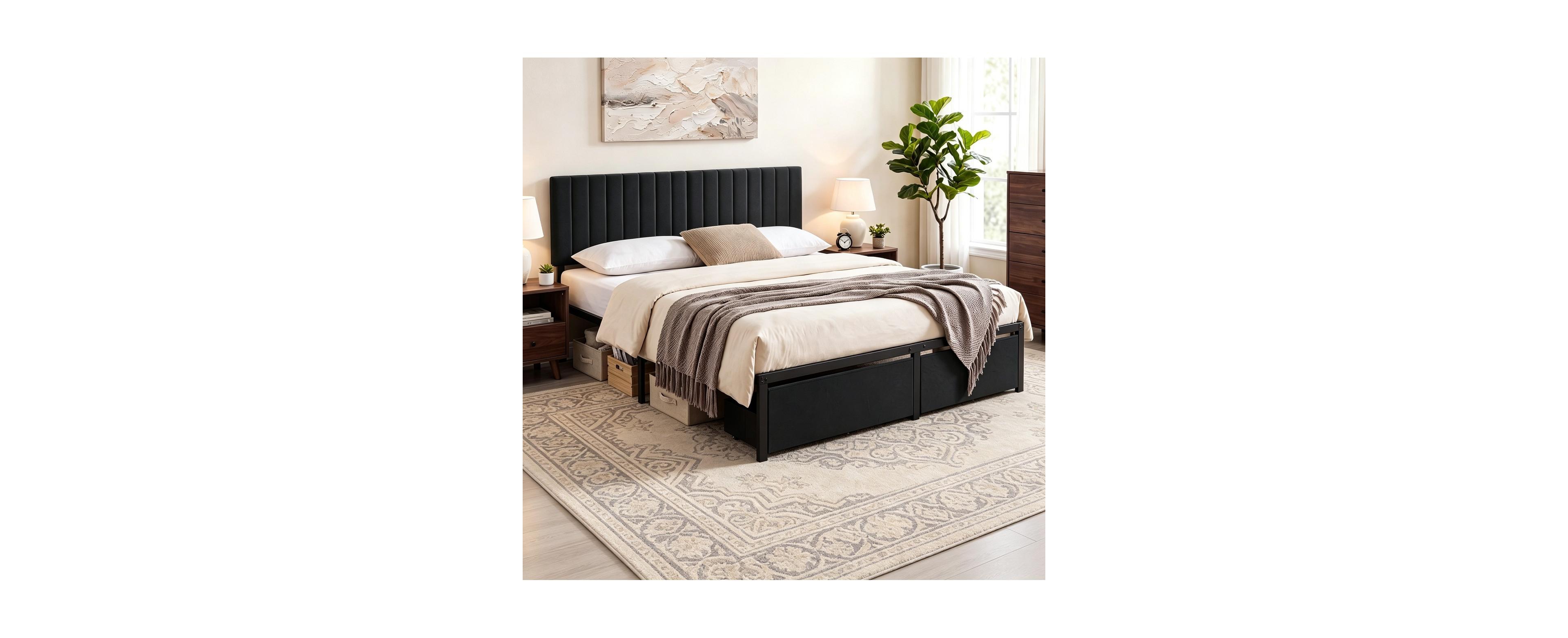 gaomon Modern Bed Frame, Heavy Duty Metal Platform with Upholstered Headboard, Under-bed Storage Drawers