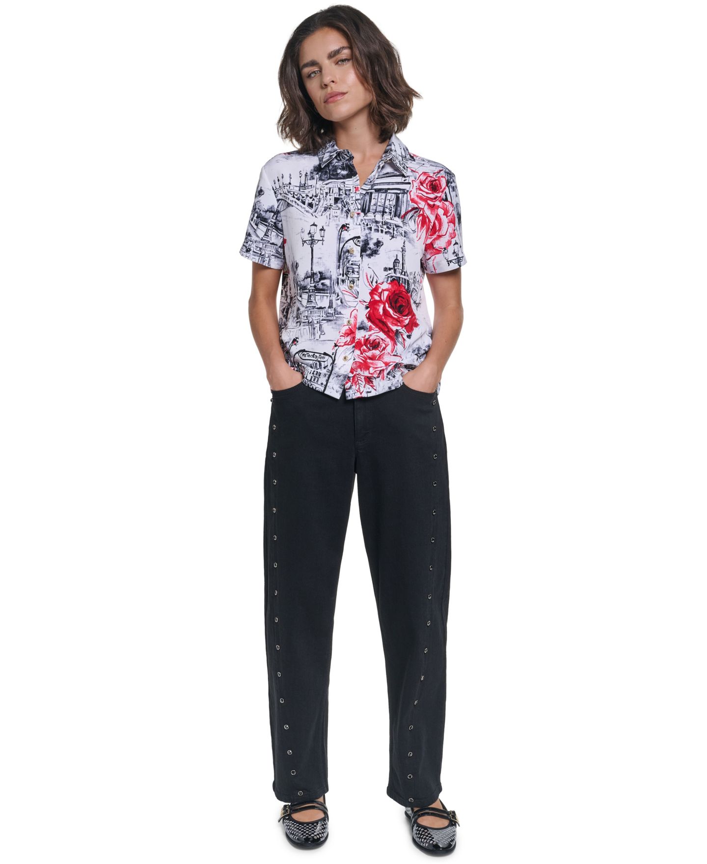 Женская блузка KARL LAGERFELD PARIS Allover-Print Short-Sleeve Button-Down, цвет: Белый / Красный разноцветный — фото 2