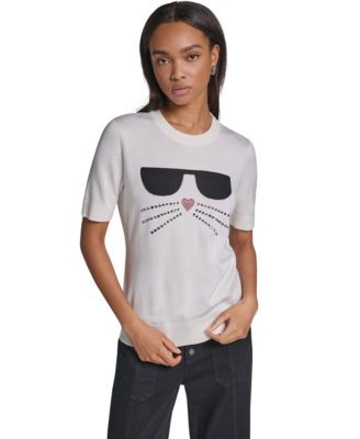 Women's Choupette Crewneck Short-Sleeve Rhinestone Graphic Sweater