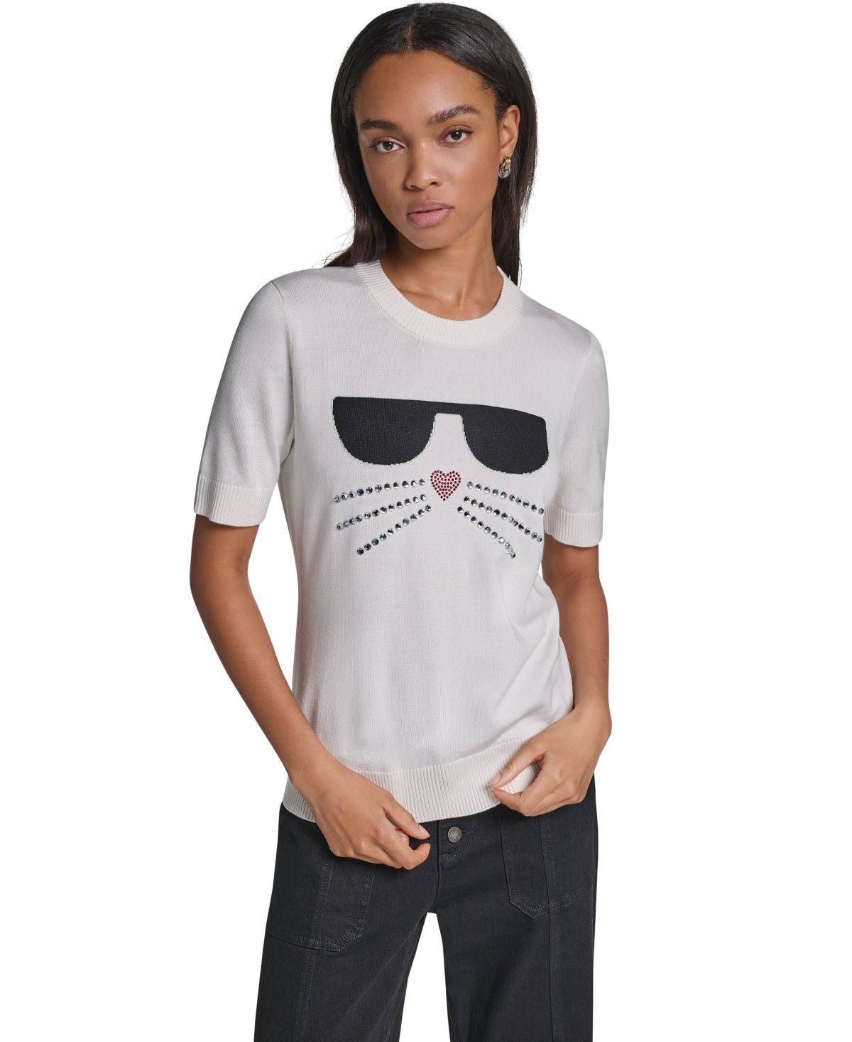 Karl Lagerfeld Paris Women's Choupette Crewneck Short-Sleeve Rhinestone Graphic Sweater