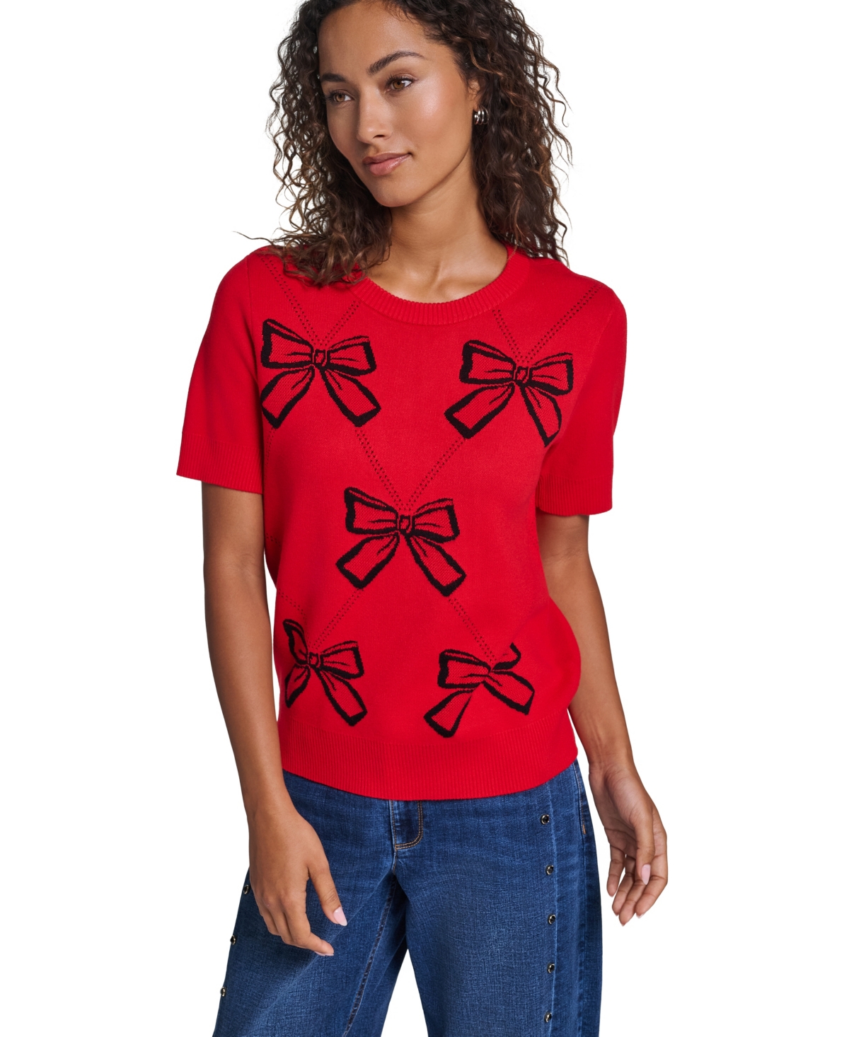 Karl Lagerfeld Paris Women's Argyle 3D Bow Short-Sleeve Pullover Sweater