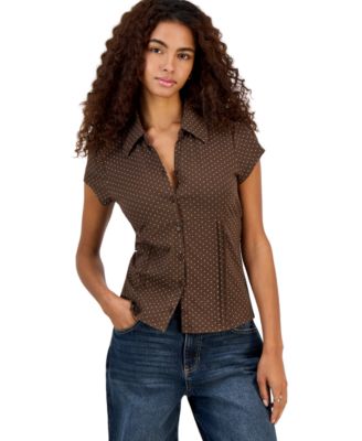 Juniors' Pleated Button-Front Top