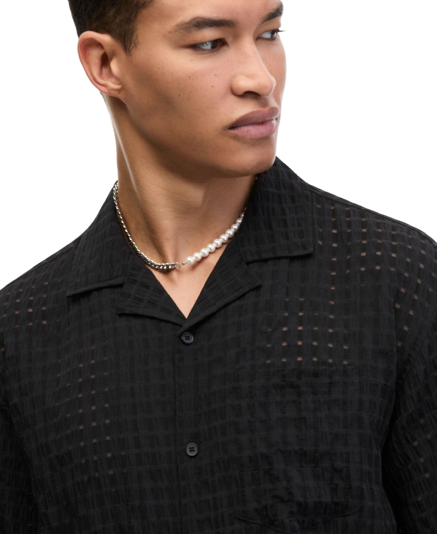 Мужская рубашка Mode of One Textured Check Short-Sleeve Camp-Collar, цвет: Глубокий чёрный — фото 2