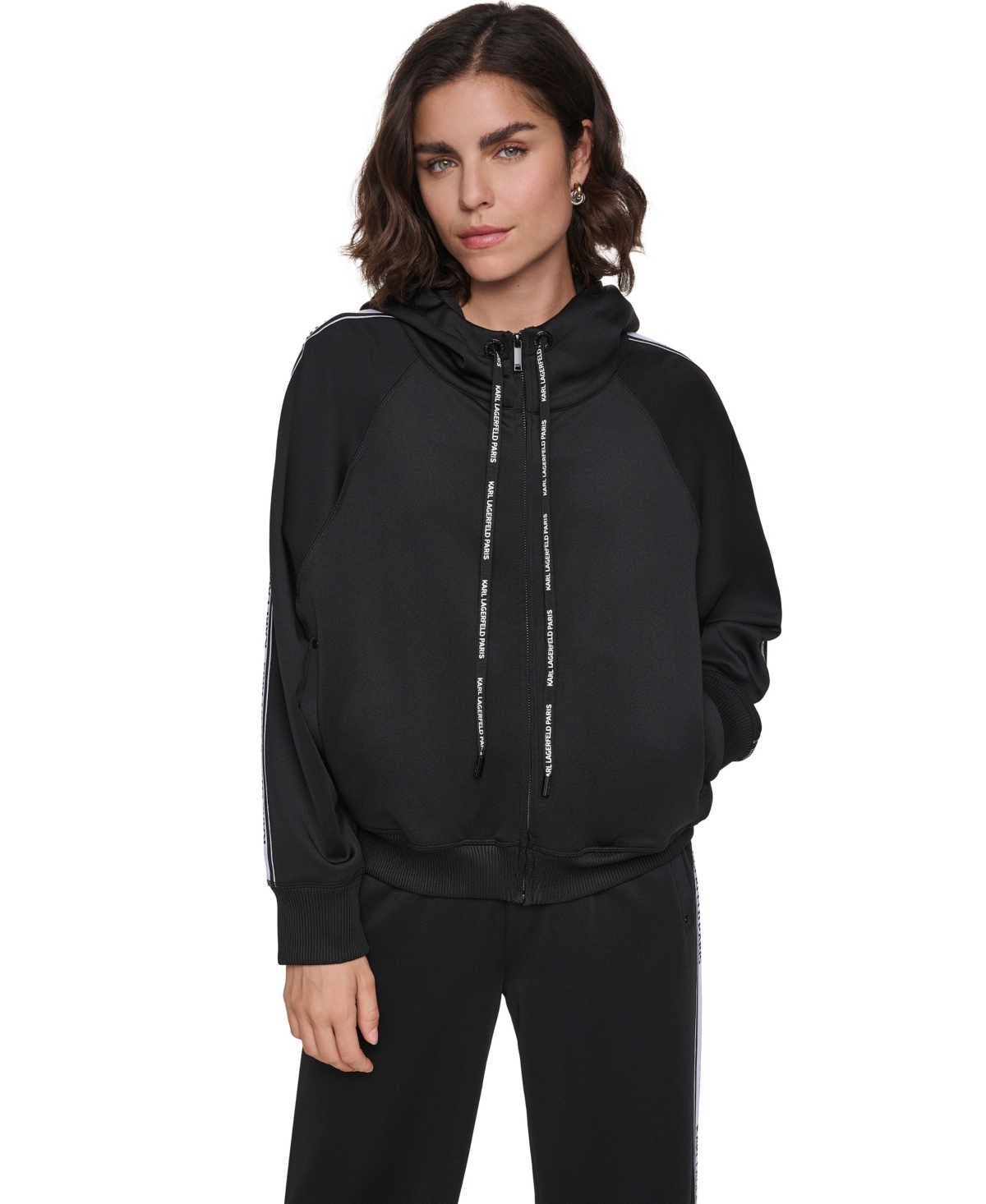 Karl Lagerfeld Paris Women's Scuba Full-Zip Mock-Neck Hoodie Sweatshirt - Black/soft White