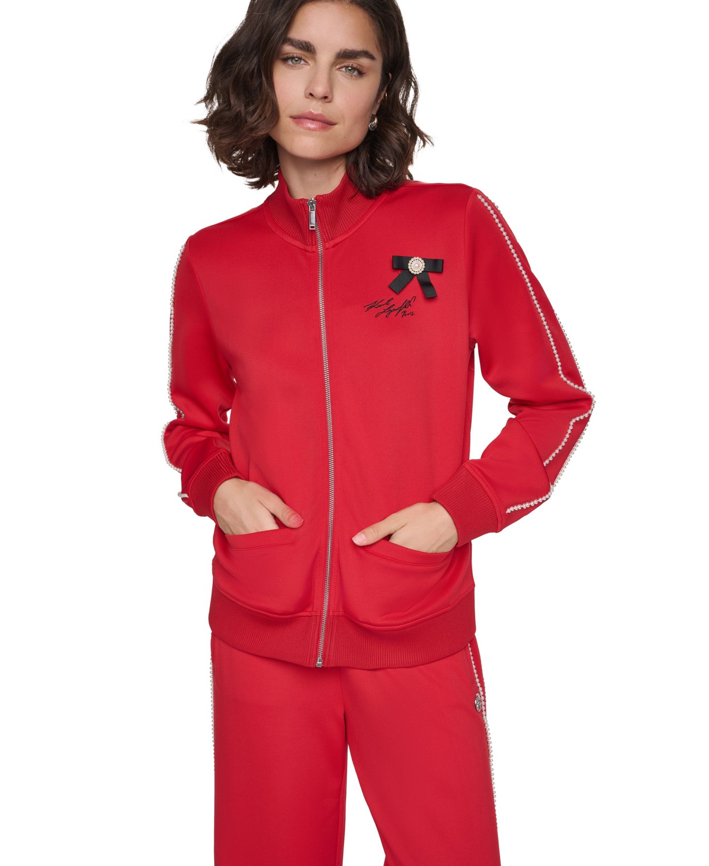 Женская куртка KARL LAGERFELD PARIS Pin and Bow Imitation Pearl-Trim Zip-Up, цвет: Красный — фото 1