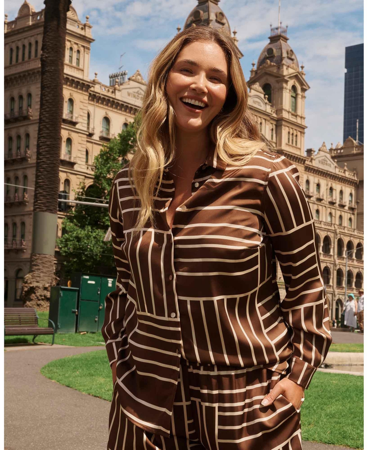 Estelle Plus Sizes Josie Geometric Collared Button-Front Satin Shirt