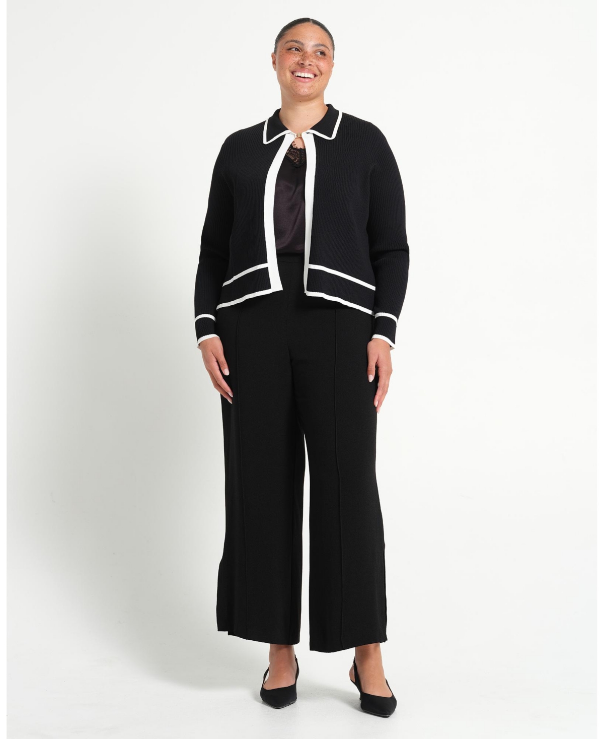 Estelle Women's Gracie Contrast Ribbed Collared Long Sleeve Cardigan