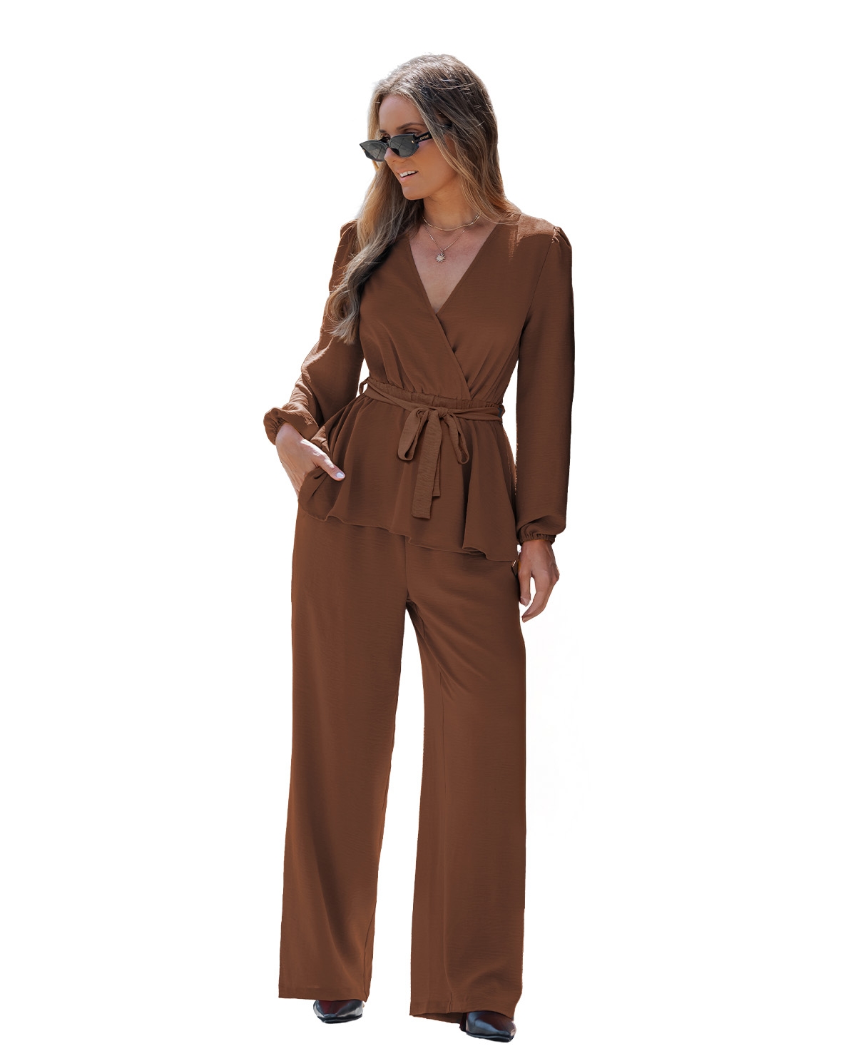 Cupshe Women's Elegant V-Neck Top and Wide-Leg Pants Matching Set - Brown