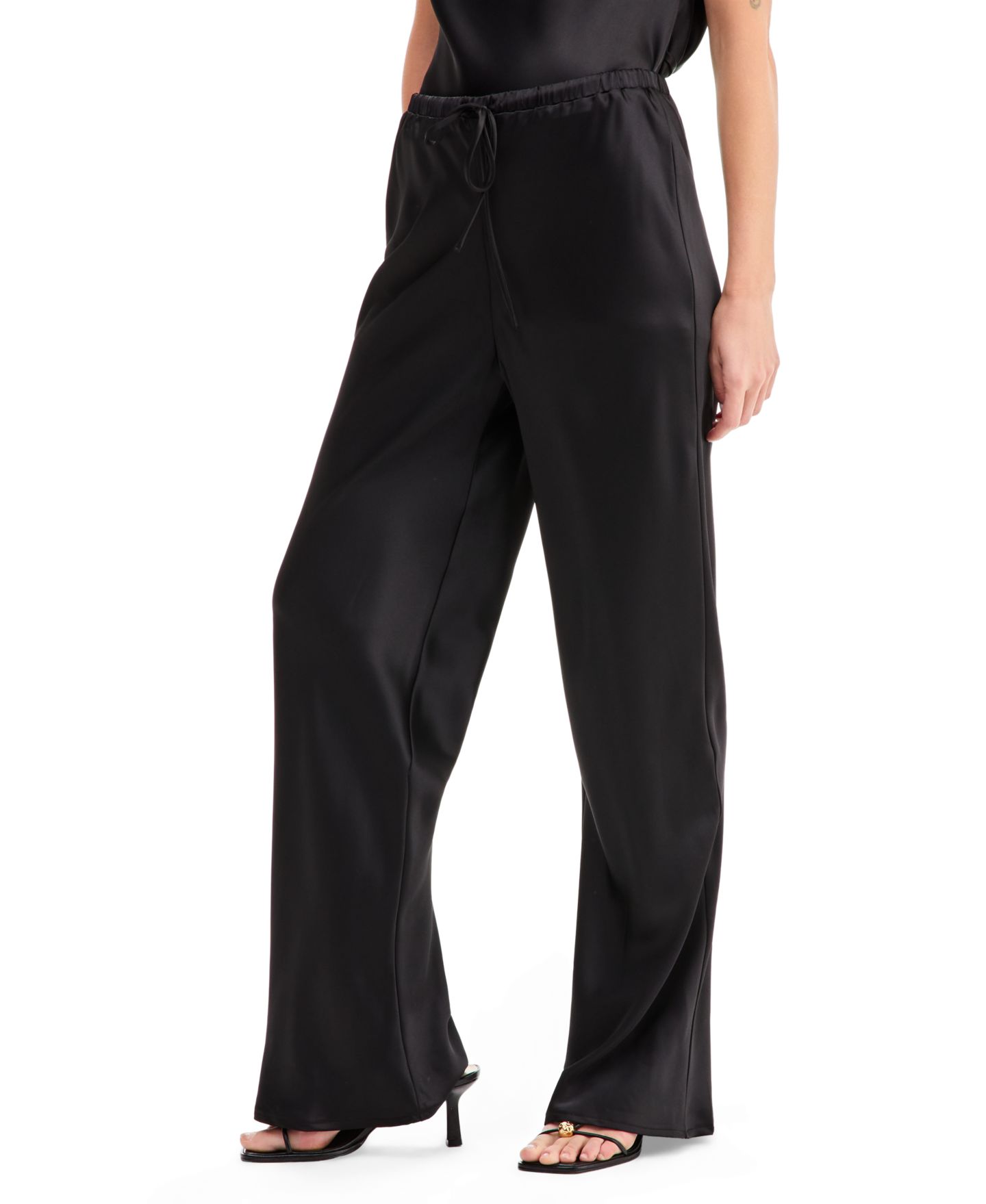 Женские брюки Bar III High-Waisted Drawstring Wide-Leg Satin, цвет: Чёрный — фото 3