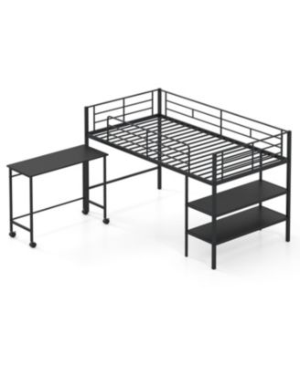 Twin Size Loft Bed with Rolling Desk and Bookshelf Platform Bed Frame
