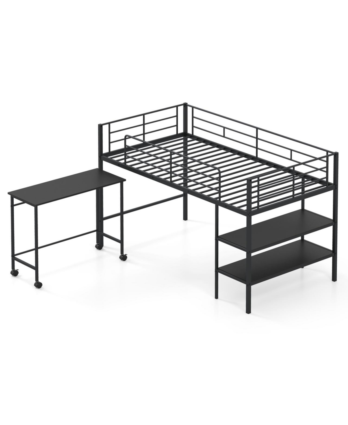 Mecale Twin Loft Bed with Rolling Desk and Bookshelf Platform Frame
