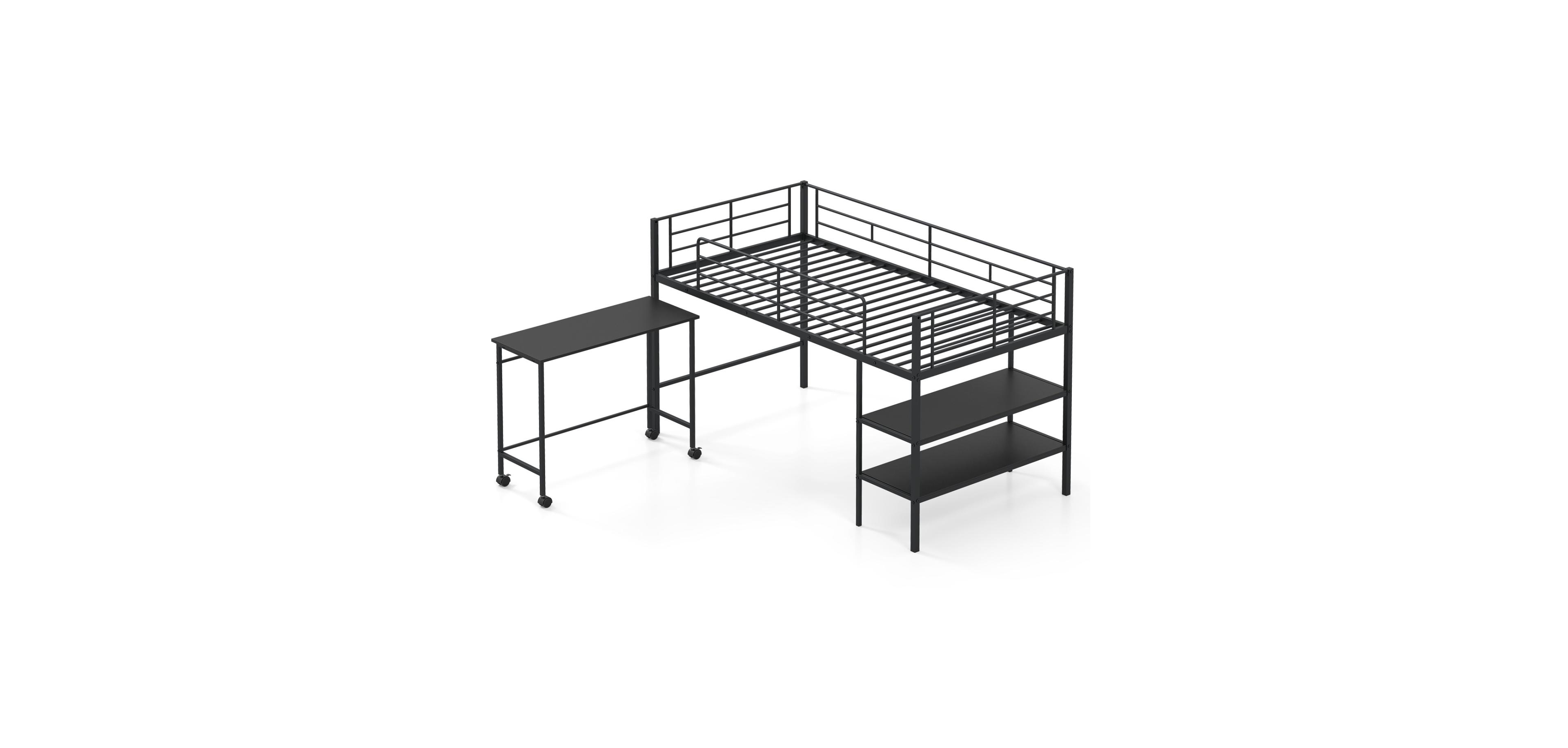 Mecale Twin Loft Bed with Rolling Desk and Bookshelf Platform Frame