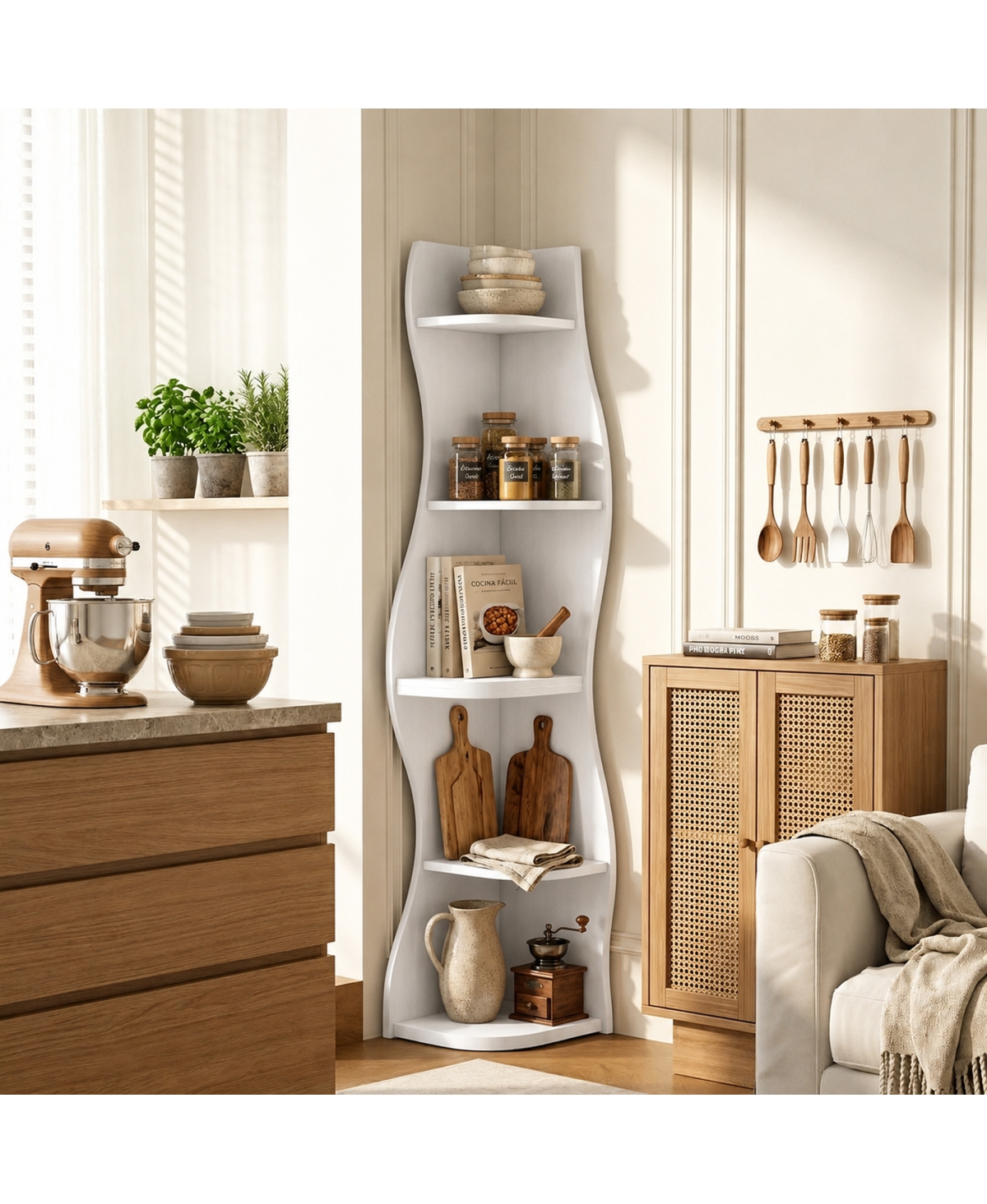 Streamdale Furniture 5-Tier S-Shaped Modern Corner Bookshelf and Display Rack - White