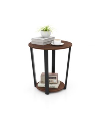Round End Table with Open Shelf and Metal Frame