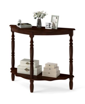 42 Inch Half Moon Console Table with Shelf and Rubber Wood Legs Espresso