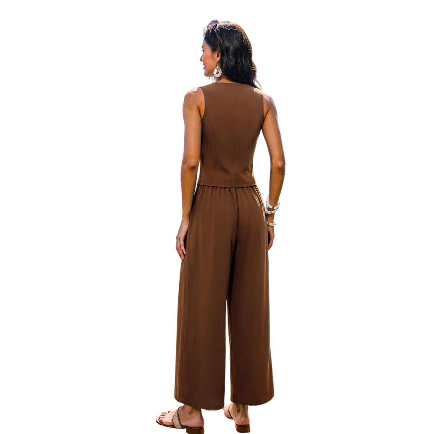 Женский комплект Cupshe Tailored V-Neck Vest and Wide-Leg Pants, 2-Piece Set, цвет: Коричневый — фото 2