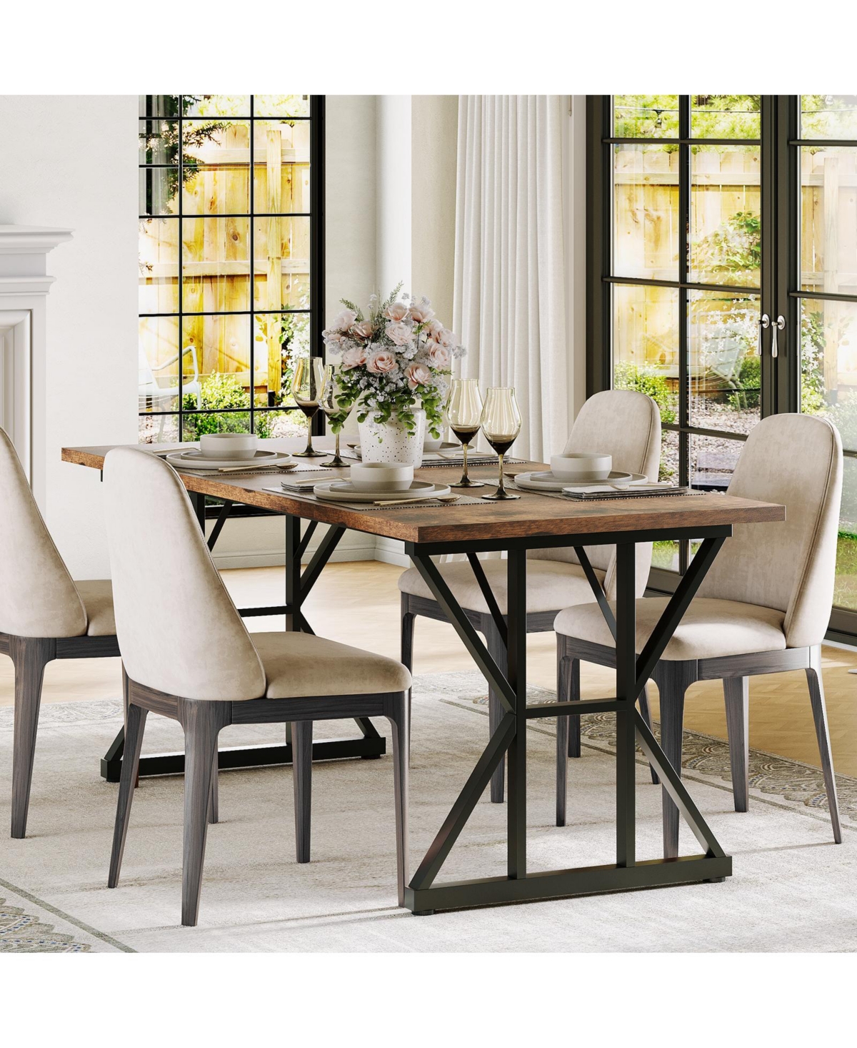 71 Inch Industrial Dining Table For 4 6, Waterproof Tabletop, Heavy Duty Metal Frame, Ergonomic Height, Space Saving, Modern Rustic For Home, Office