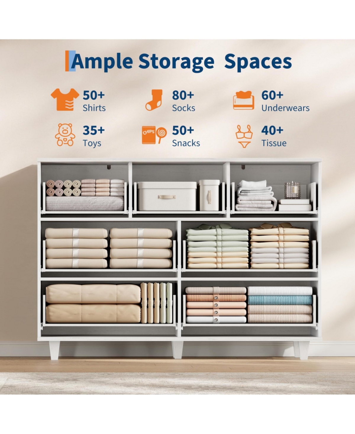 Modern Minimalist Wide Fluted Dresser Chest Of Drawers - 7 Drawer Clothing Storage Cabinet For Bedroom Small Space Nursery Living Room Or Entryway