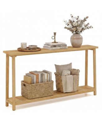 2 Tier Farmhouse Sofa Table with Teak Wood Frame and Storage Shelf