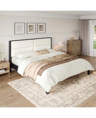 Solid Wood King Platform Bed with Beige Velvet Headboard