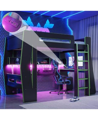 Twin Gaming Loft Bed with Desk, LED Lights and Storage